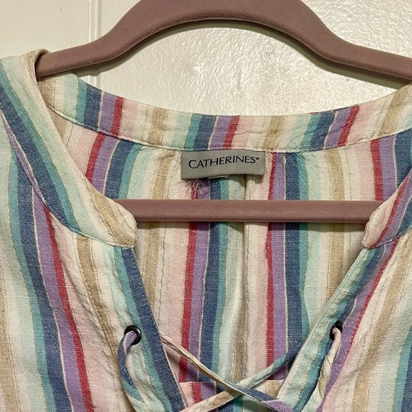 Catherine's Women's Multicolored Striped Lace Up Linen Blend Blouse Sz 1X - Picture 6 of 6